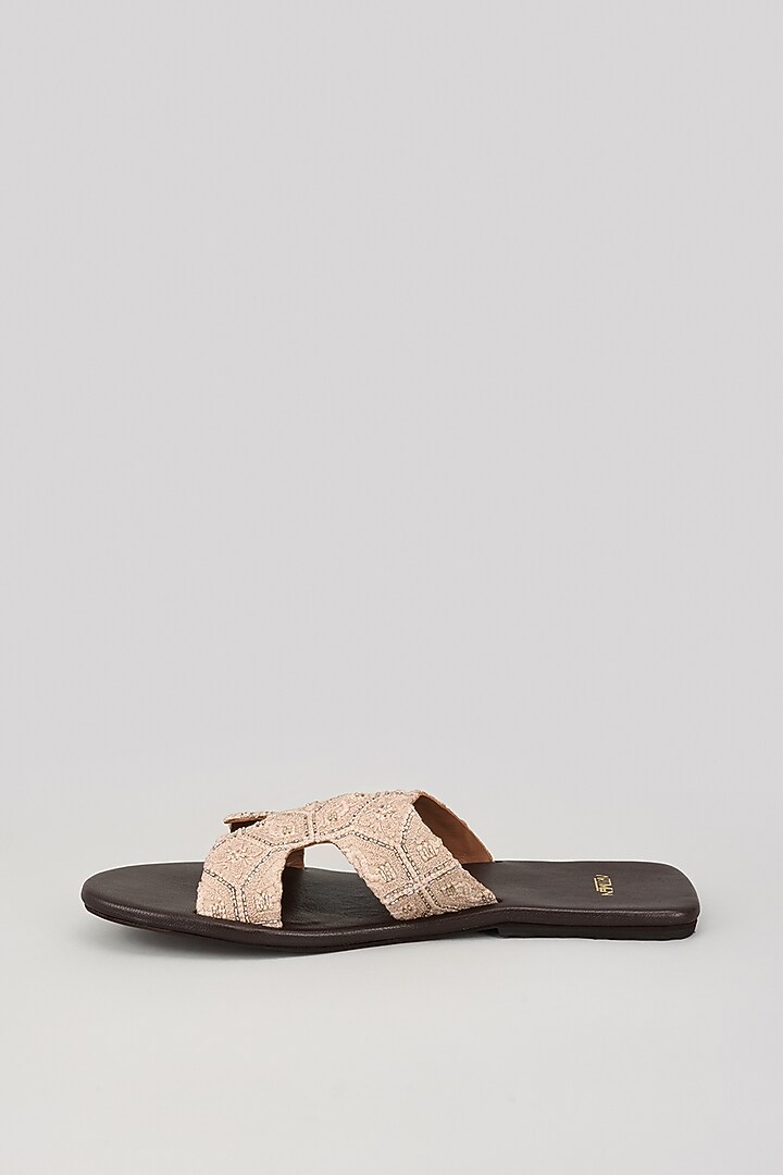 Beige Leather Embroidered Slippers by ARTIMEN at Pernia's Pop Up Shop