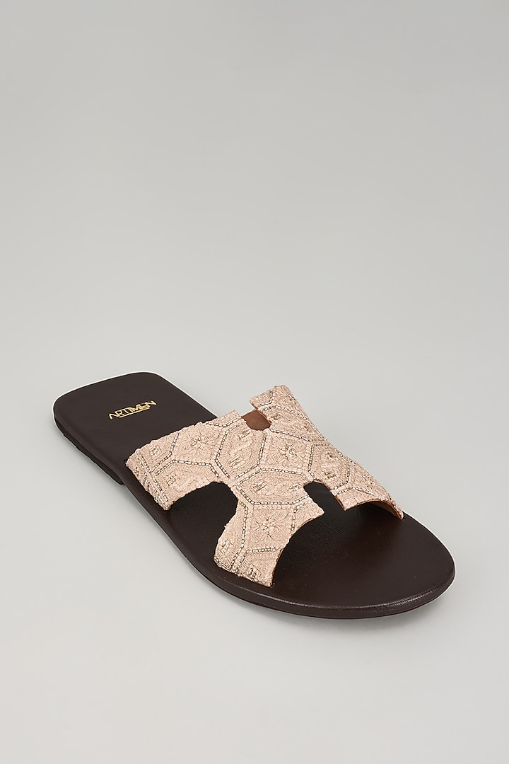 Beige Leather Embroidered Slippers by ARTIMEN at Pernia's Pop Up Shop