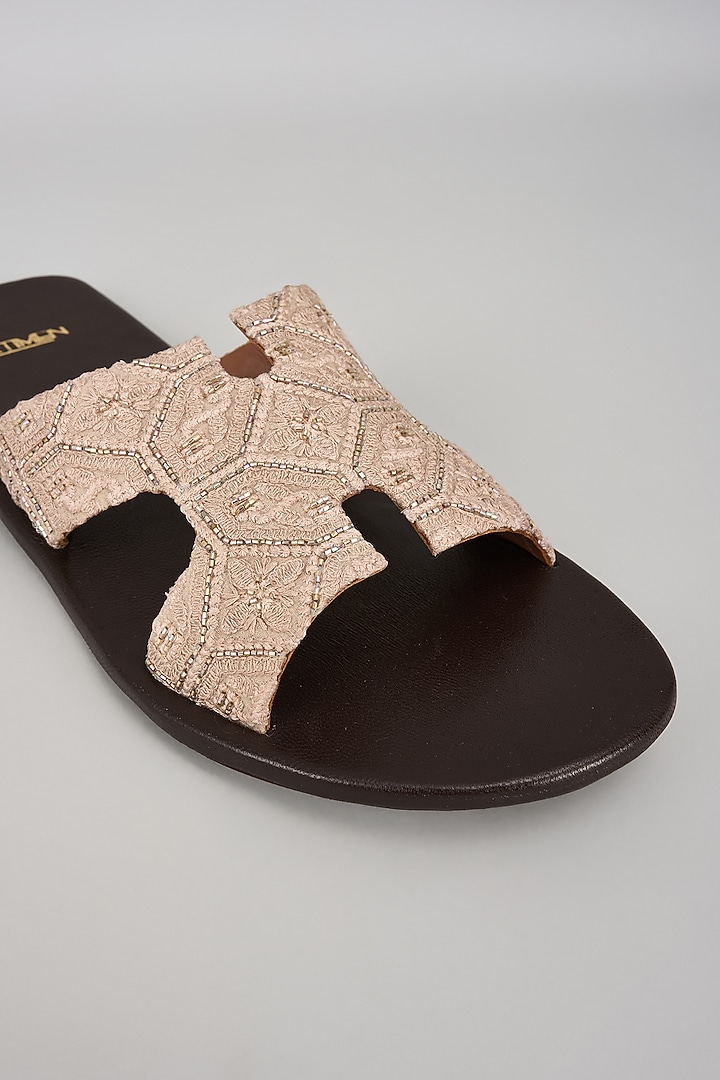Beige Leather Embroidered Slippers by ARTIMEN at Pernia's Pop Up Shop
