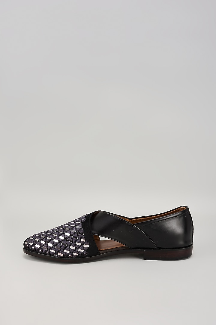 Black Leather Mirror Embellished Peshawari Sandals by ARTIMEN at Pernia's Pop Up Shop