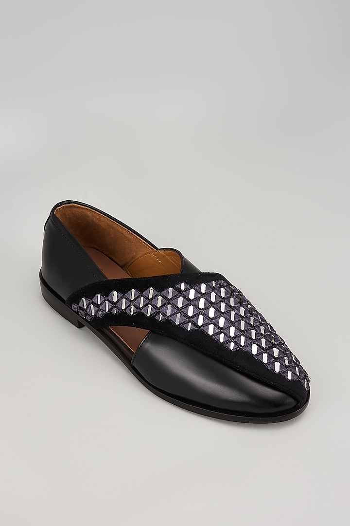 Black Leather Mirror Embellished Peshawari Sandals by ARTIMEN at Pernia's Pop Up Shop