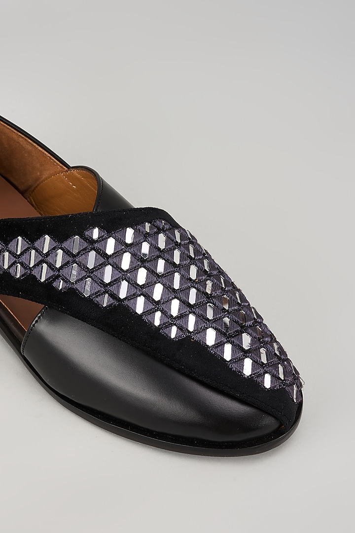 Black Leather Mirror Embellished Peshawari Sandals by ARTIMEN at Pernia's Pop Up Shop