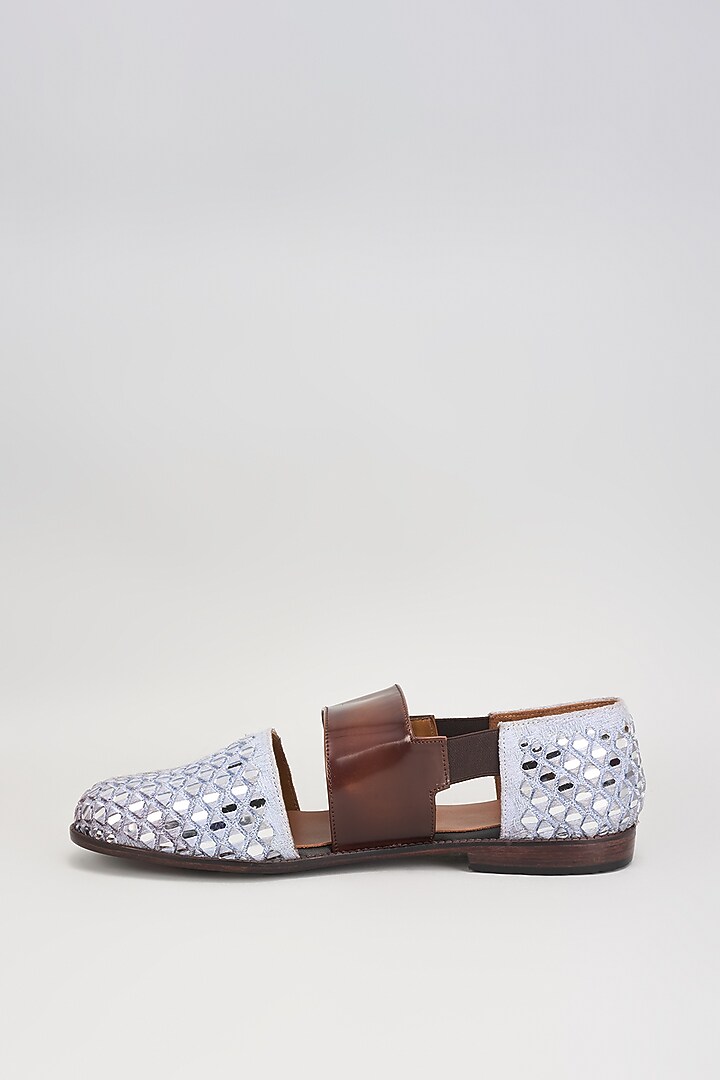Grey Jacquard Hand Embroidered Juttis by ARTIMEN at Pernia's Pop Up Shop