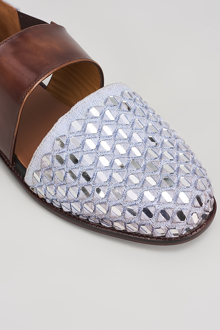 Grey Jacquard Hand Embroidered Juttis by ARTIMEN at Pernia's Pop Up Shop