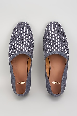 Grey Jacquard Mirror Work Juttis by ARTIMEN