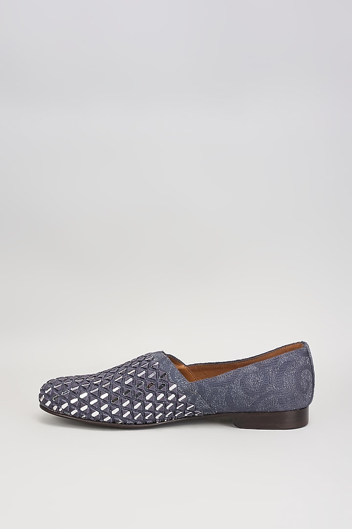 Grey Jacquard Mirror Work Juttis by ARTIMEN at Pernia's Pop Up Shop