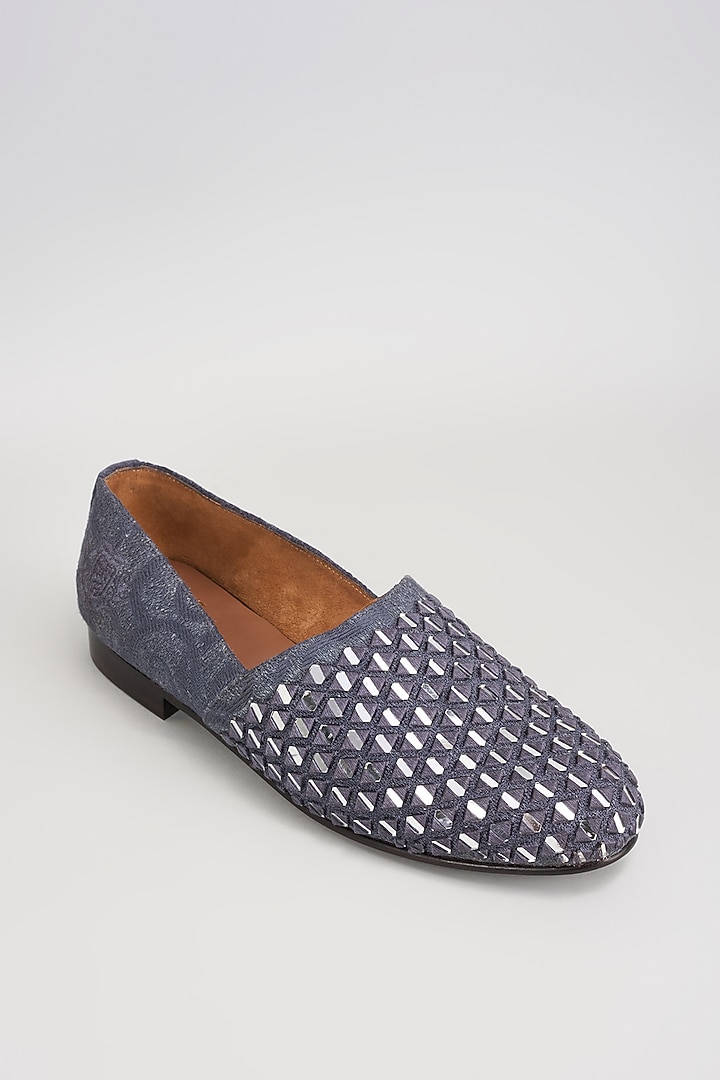 Grey Jacquard Mirror Work Juttis by ARTIMEN at Pernia's Pop Up Shop
