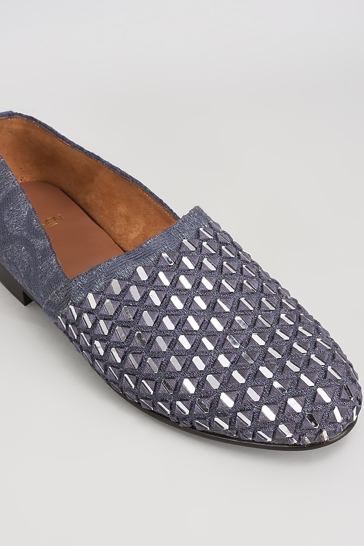 Grey Jacquard Mirror Work Juttis by ARTIMEN at Pernia's Pop Up Shop