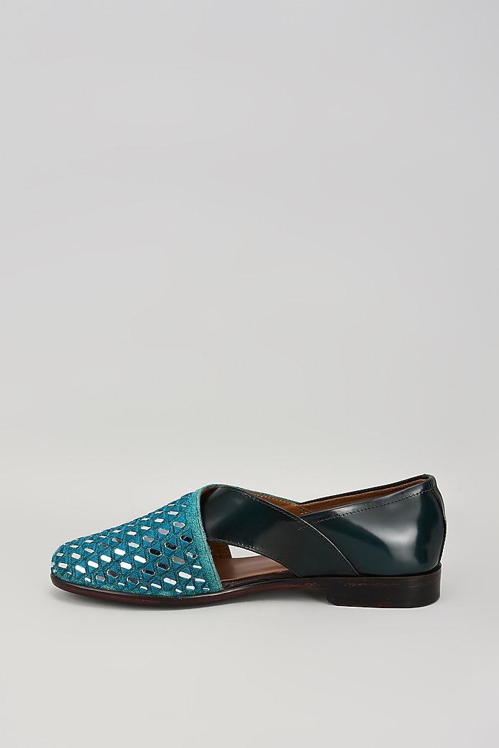 Blue Leather Mirror Embellished Peshawari Sandals by ARTIMEN at Pernia's Pop Up Shop