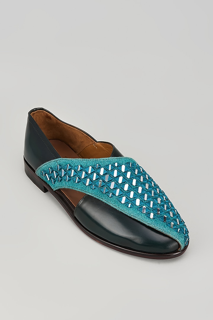 Blue Leather Mirror Embellished Peshawari Sandals by ARTIMEN at Pernia's Pop Up Shop