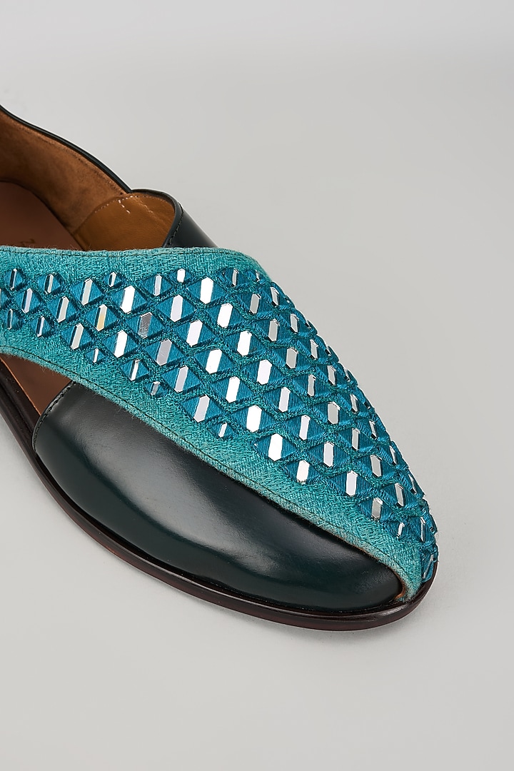 Blue Leather Mirror Embellished Peshawari Sandals by ARTIMEN at Pernia's Pop Up Shop