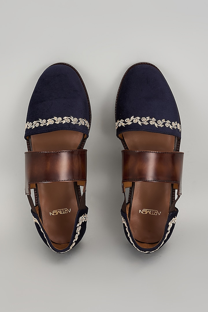 Navy Blue & Brown Leather Sandals by ARTIMEN