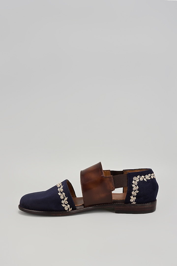 Navy Blue & Brown Leather Sandals by ARTIMEN at Pernia's Pop Up Shop
