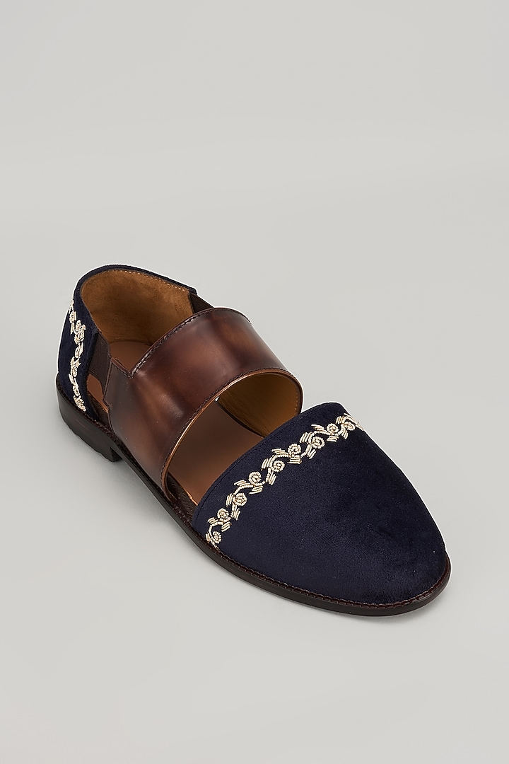Navy Blue & Brown Leather Sandals by ARTIMEN at Pernia's Pop Up Shop