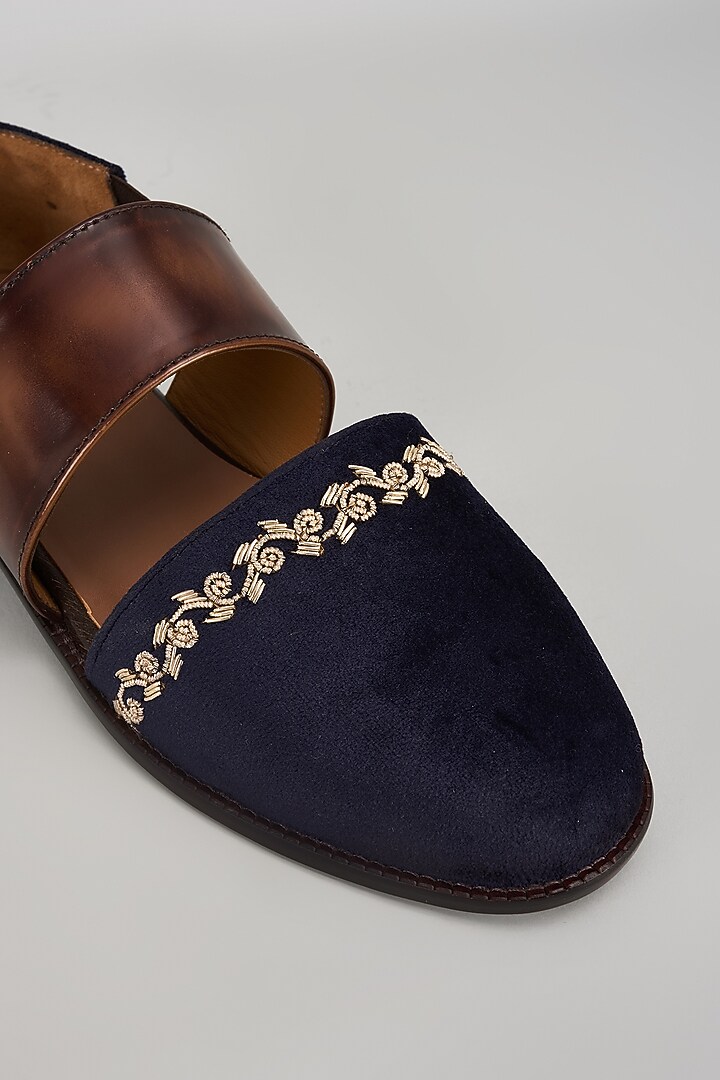 Navy Blue & Brown Leather Sandals by ARTIMEN at Pernia's Pop Up Shop