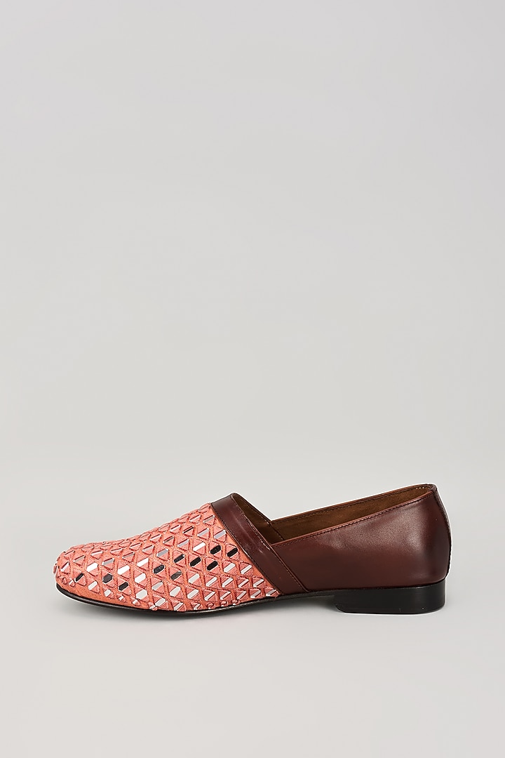 Peach Leather Juttis by ARTIMEN at Pernia's Pop Up Shop