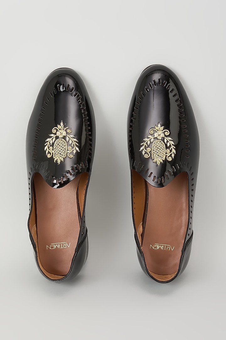 Black Leather Embroidered Handcrafted Loafers by ARTIMEN at Pernia's Pop Up Shop