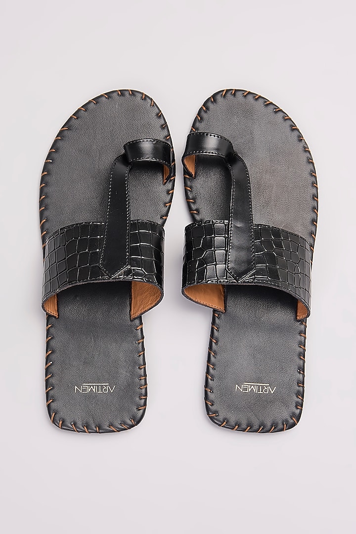 Black Handcrafted Leather Slippers by ARTIMEN