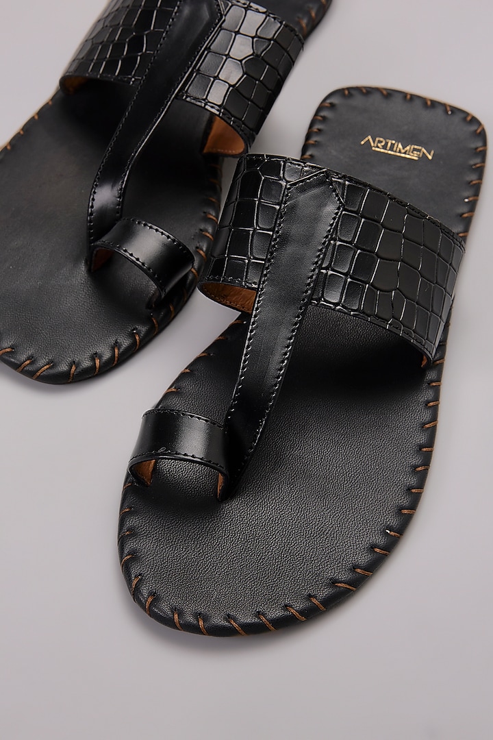 Black Handcrafted Leather Slippers by ARTIMEN at Pernia's Pop Up Shop