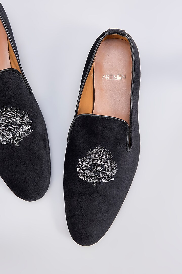 Black Velvet Cutdana Hand Embroidered Shoes by ARTIMEN at Pernia's Pop Up Shop