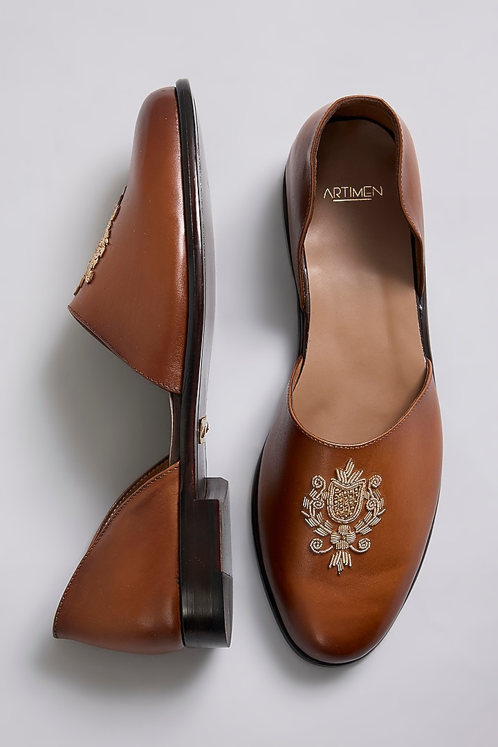 Brown Leather Mojaris by ARTIMEN at Pernia's Pop Up Shop