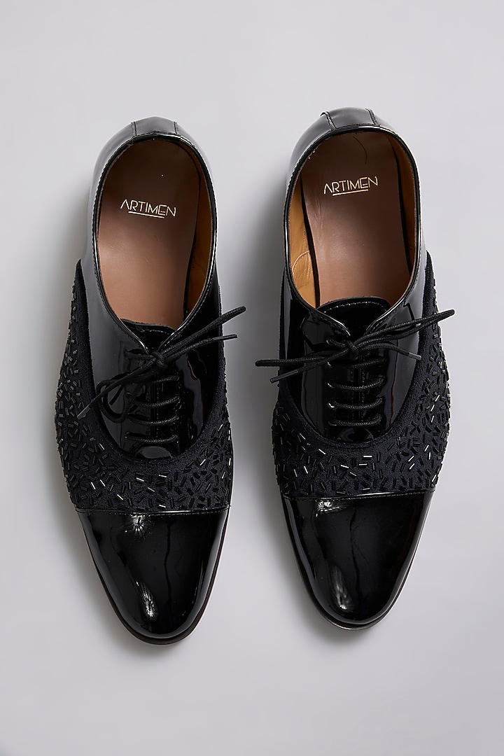 Black Patent Leather Cutdana Work Oxford Shoes by ARTIMEN at Pernia's Pop Up Shop
