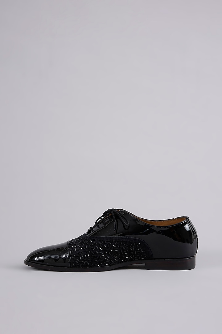 Black Patent Leather Cutdana Work Oxford Shoes by ARTIMEN at Pernia's Pop Up Shop