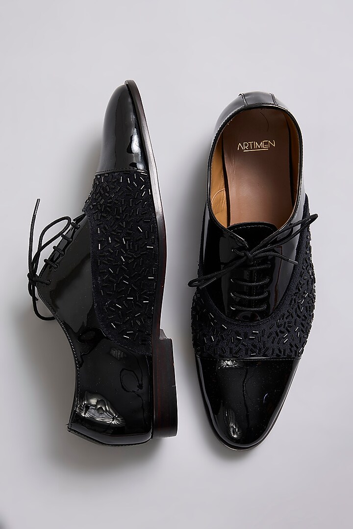Black Patent Leather Cutdana Work Oxford Shoes by ARTIMEN at Pernia's Pop Up Shop