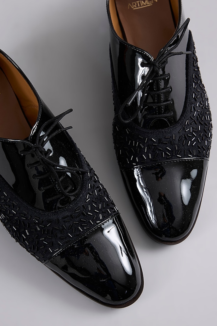 Black Patent Leather Cutdana Work Oxford Shoes by ARTIMEN at Pernia's Pop Up Shop