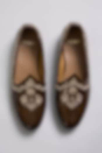 Brown Leather Zardosi Work Juttis by ARTIMEN at Pernia's Pop Up Shop