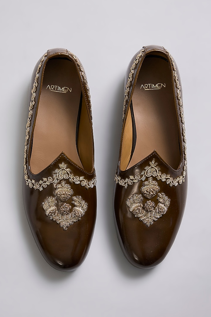 Brown Leather Zardosi Work Juttis by ARTIMEN at Pernia's Pop Up Shop