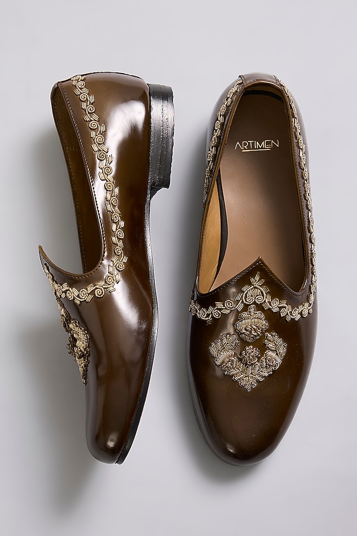 Brown Leather Zardosi Work Juttis by ARTIMEN at Pernia's Pop Up Shop