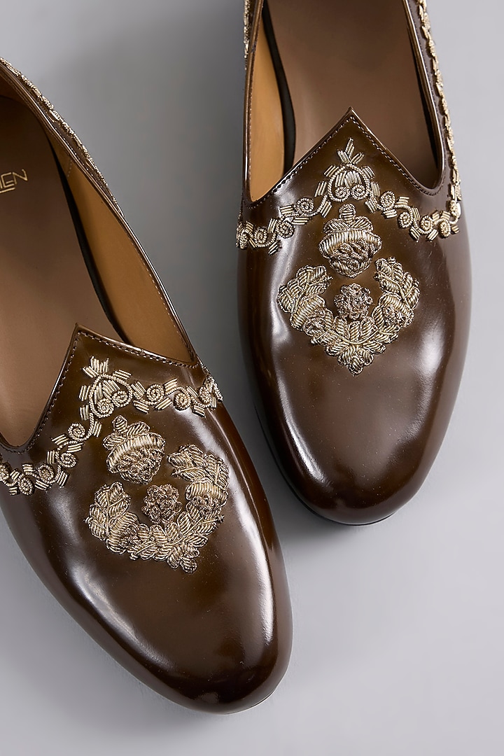 Brown Leather Zardosi Work Juttis by ARTIMEN at Pernia's Pop Up Shop