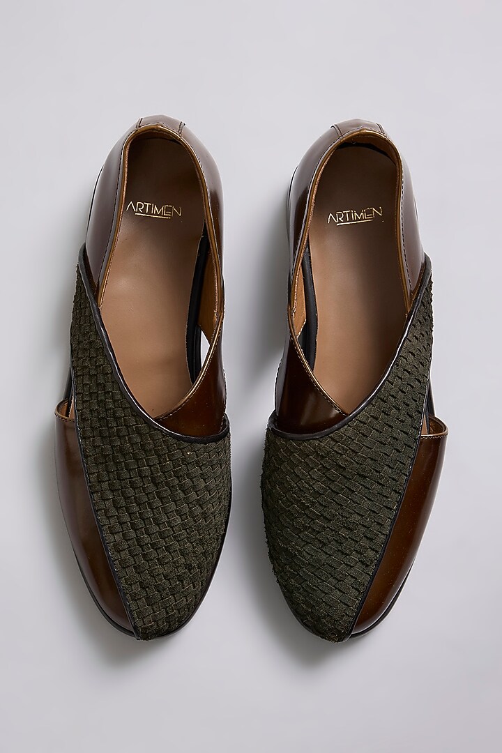 Brown Leather & Suede Mojaris by ARTIMEN at Pernia's Pop Up Shop