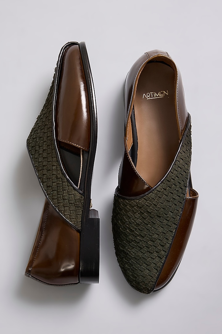 Brown Leather & Suede Mojaris by ARTIMEN at Pernia's Pop Up Shop