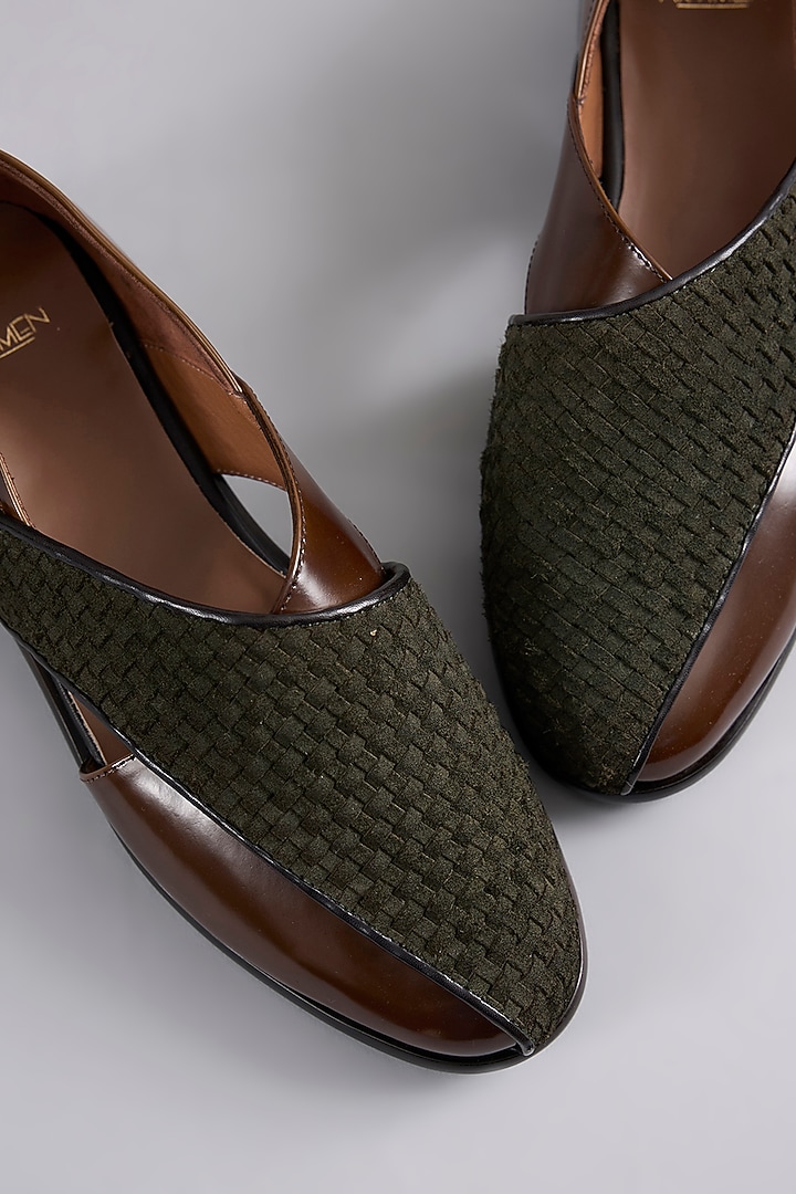 Brown Leather & Suede Mojaris by ARTIMEN at Pernia's Pop Up Shop