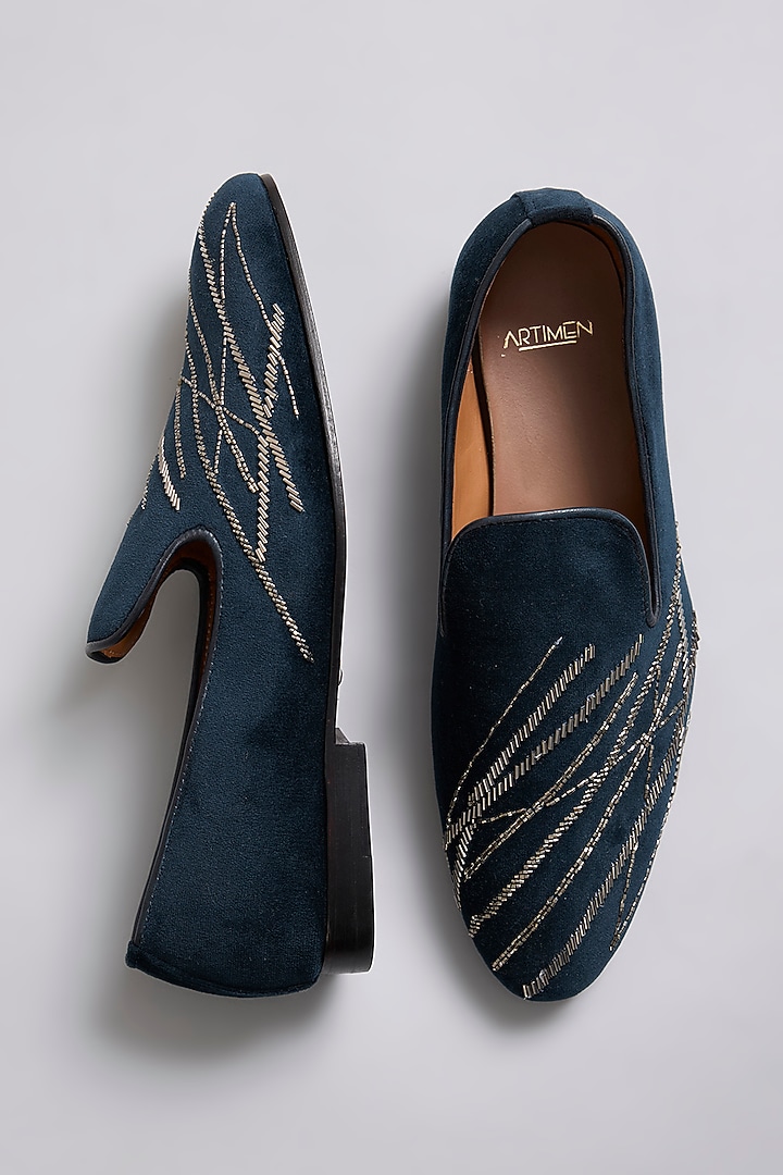 Navy Blue Velvet Loafers by ARTIMEN at Pernia's Pop Up Shop