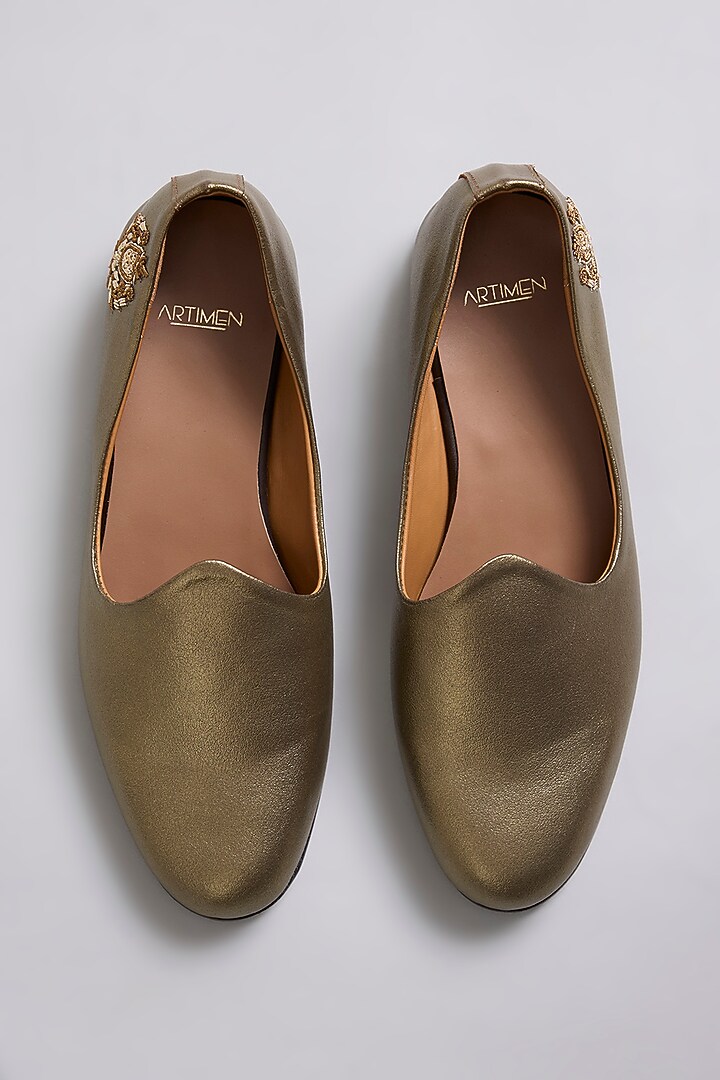Antique Gold Patent Leather Zardosi Work Loafers by ARTIMEN at Pernia's Pop Up Shop