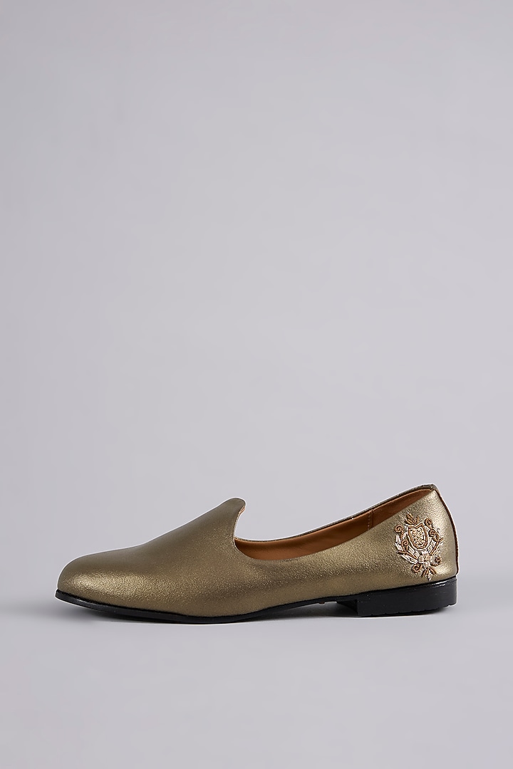 Antique Gold Patent Leather Zardosi Work Loafers by ARTIMEN at Pernia's Pop Up Shop