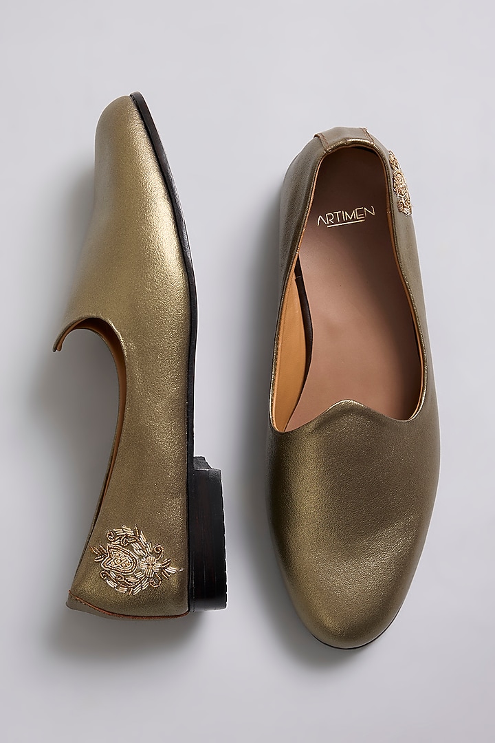 Antique Gold Patent Leather Zardosi Work Loafers by ARTIMEN at Pernia's Pop Up Shop