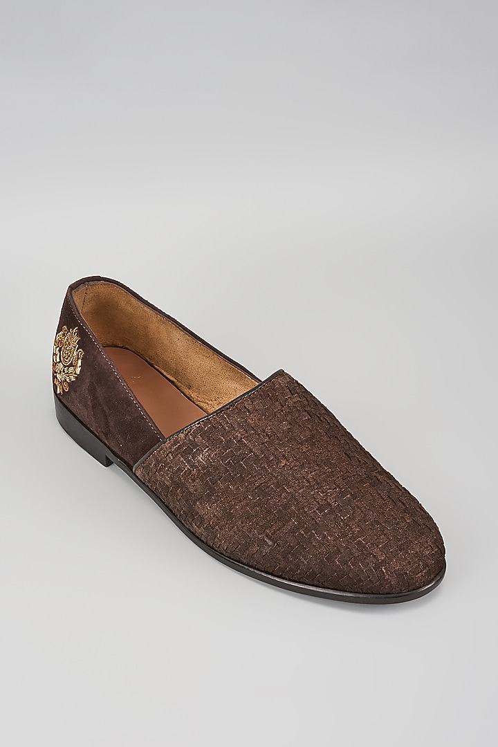 Brown Patent Leather Embroidered Handwoven Loafers by ARTIMEN at Pernia's Pop Up Shop