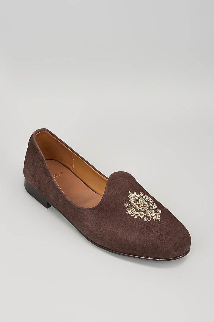 Brown Velvet Embroidered Handcrafted Loafers by ARTIMEN at Pernia's Pop Up Shop