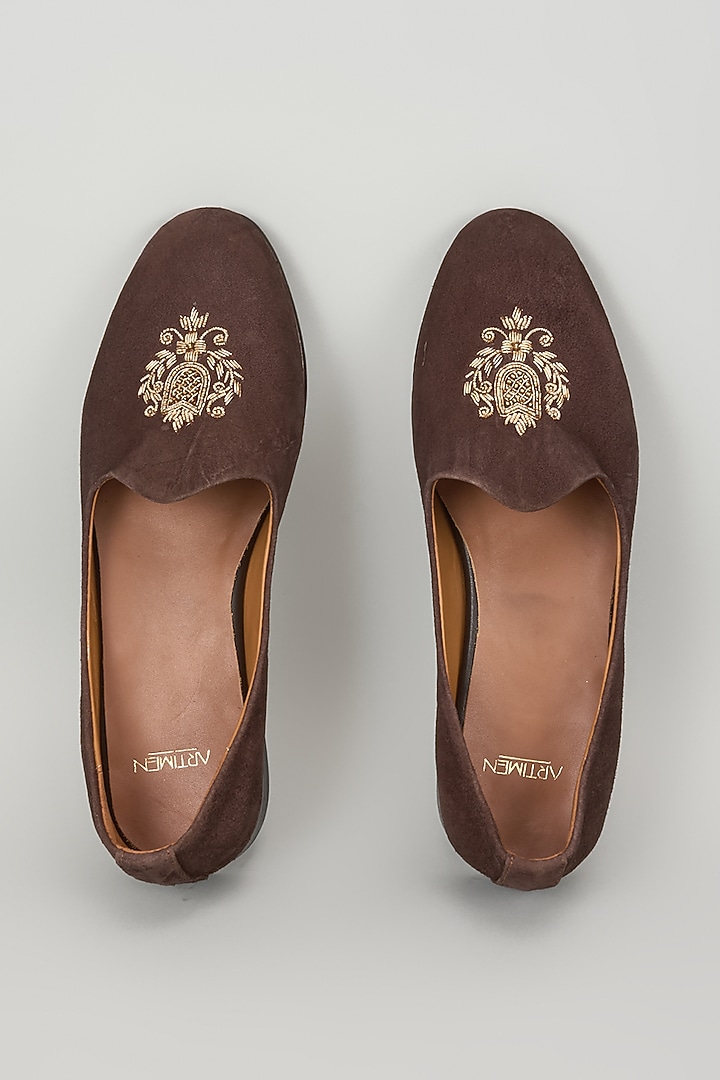 Brown Velvet Embroidered Handcrafted Loafers by ARTIMEN at Pernia's Pop Up Shop