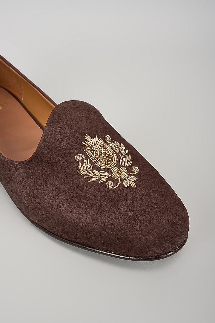 Brown Velvet Embroidered Handcrafted Loafers by ARTIMEN at Pernia's Pop Up Shop