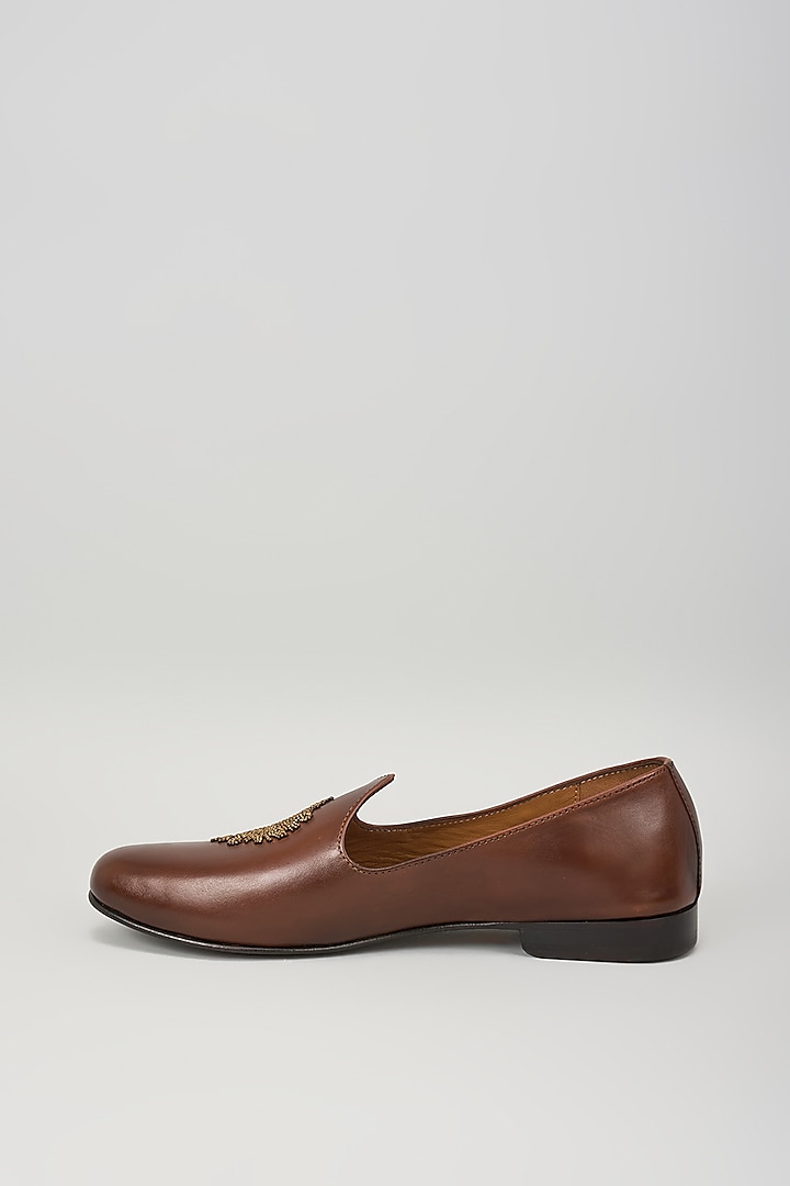 Brown Leather Embroidered Handcrafted Loafers by ARTIMEN at Pernia's Pop Up Shop