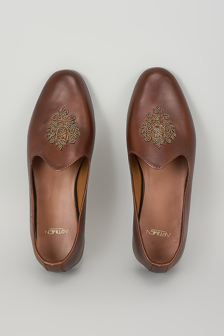 Brown Leather Embroidered Handcrafted Loafers by ARTIMEN at Pernia's Pop Up Shop