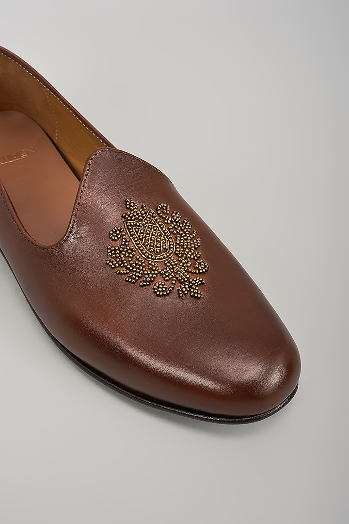 Brown Leather Embroidered Handcrafted Loafers by ARTIMEN at Pernia's Pop Up Shop