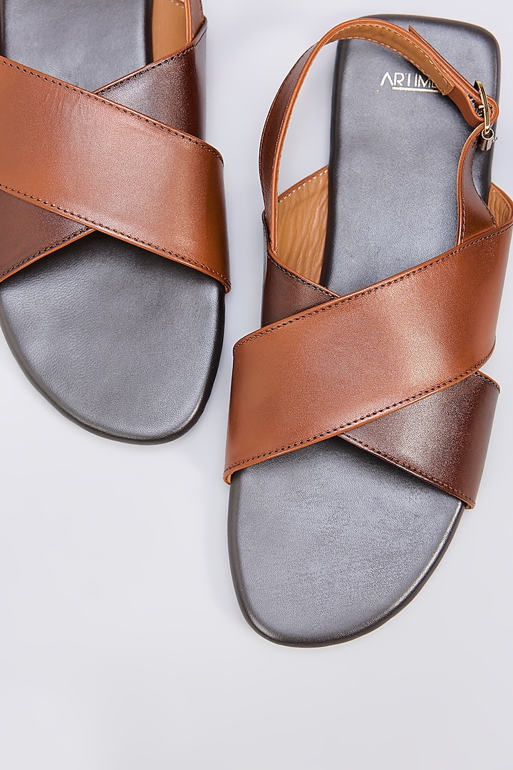 Brown Leather Overlapping Slippers by ARTIMEN at Pernia's Pop Up Shop