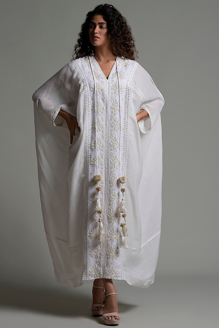 White Lyocell Embroidered Kaftan With Inner Camisole by Amore Mio by Hitu
