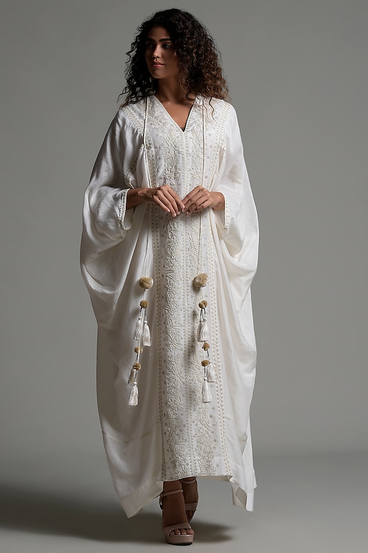 White Lyocell Embroidered Kaftan With Inner Camisole by Amore Mio by Hitu at Pernia's Pop Up Shop